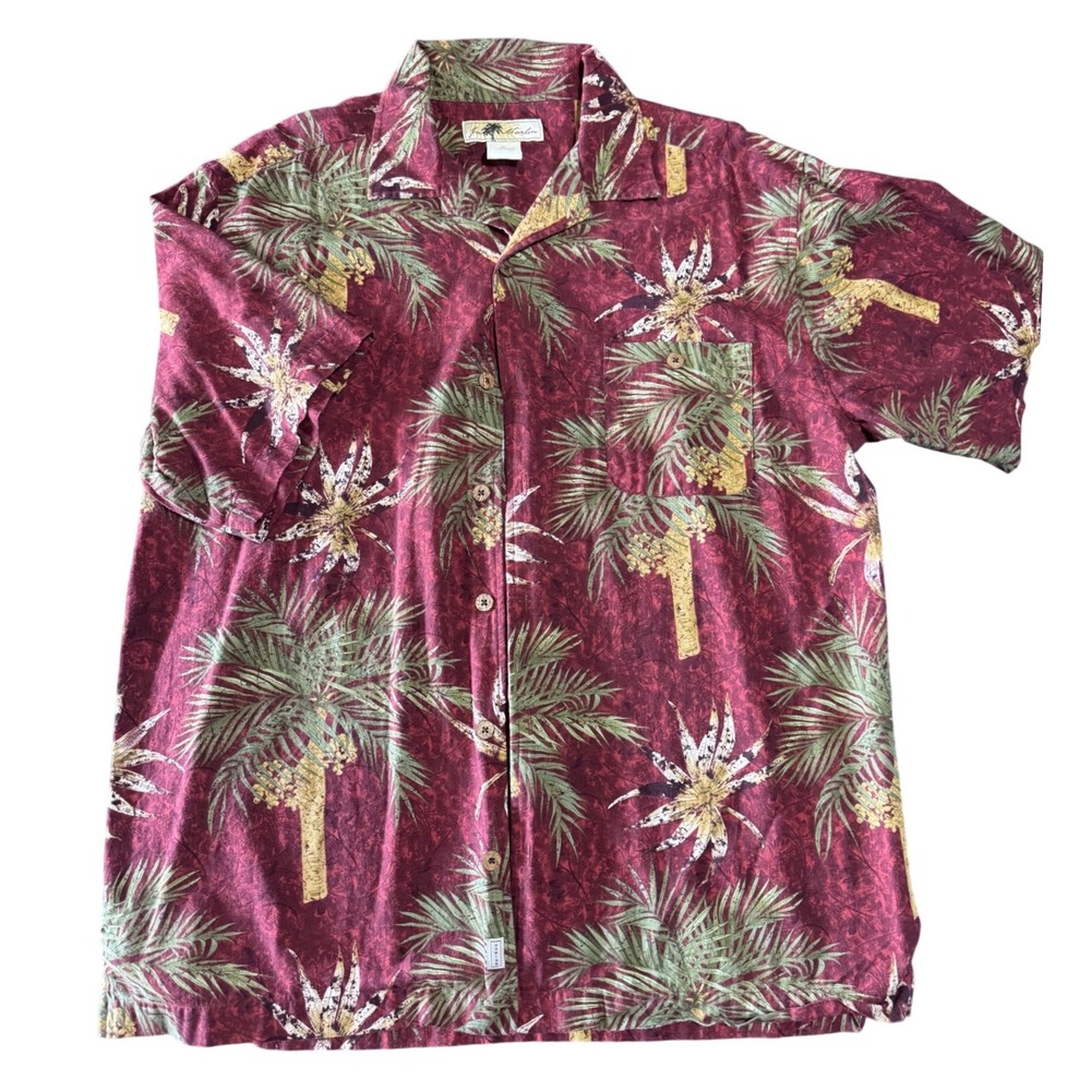 Joe Marlin Hawaiian Shirt Mens XL Palm Tree Burgundy Cotton Rayon Casual Shirt